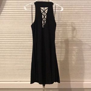 Black lace-up front halter dress